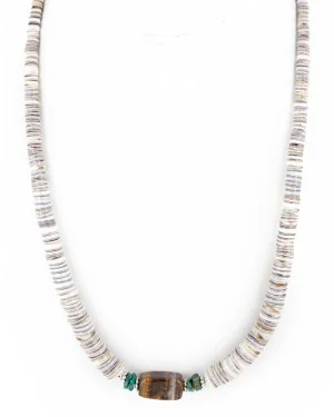 Navajo .925 Sterling Silver Natural Turquoise Graduated Melon Shell Tigers Eye Necklace 20 Inch