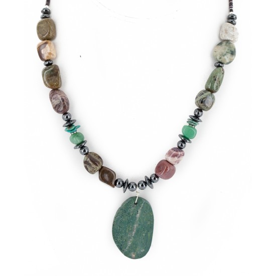 Certified Authentic Navajo .925 Sterling Silver Natural Turquoise Green Jasper Hematite Native American Necklace 16090-2