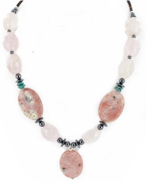 Certified Authentic Navajo .925 Sterling Silver Natural Turquoise Jasper Pink Quartz Hematite Native American Necklace 16091-2