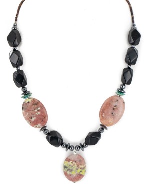 Certified Authentic Navajo .925 Sterling Silver Natural Turquoise Pink Jasper Black Onyx Hematite Native American Necklace 16092-2
