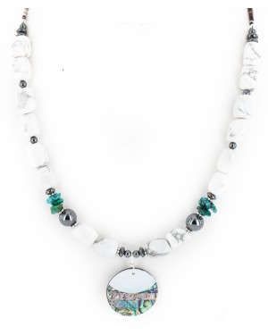 Certified Authentic Navajo .925 Sterling Silver White Howlite Abalone Hematite Native American Necklace 16090-1