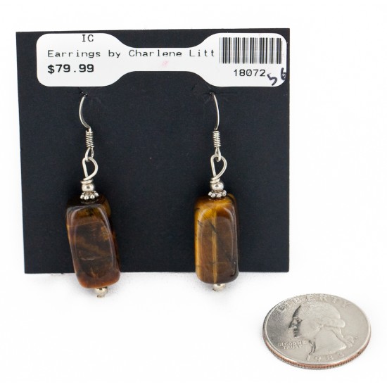 Certified Authentic Navajo .925 Sterling Silver Hooks Natural Tigers Eye Native American Earrings 18072-56