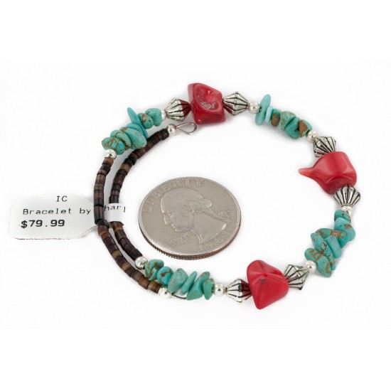 Certified Authentic Navajo Coral Natural Turquoise Heishi Adjustable Wrap Native American Bracelet 12742-75