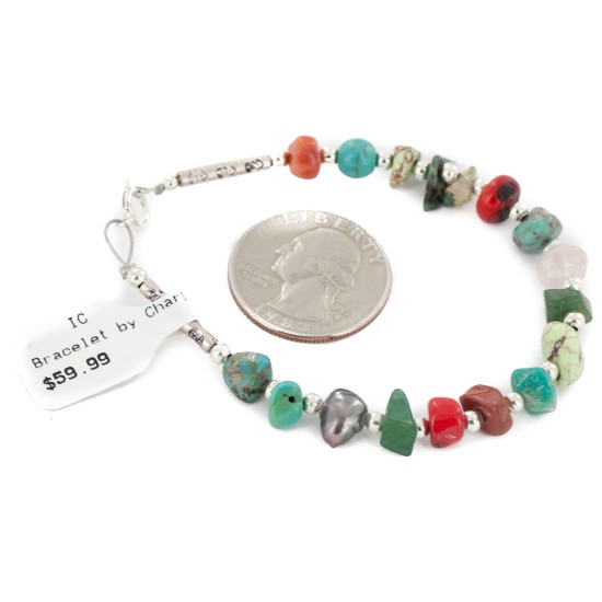 Certified Authentic .925 Sterling Silver Navajo Natural Turquoise and Multicolor Stones Native American Bracelet 12907-3