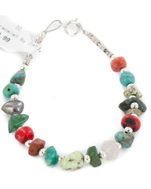 Certified Authentic .925 Sterling Silver Navajo Natural Turquoise and Multicolor Stones Native American Bracelet 12907-3