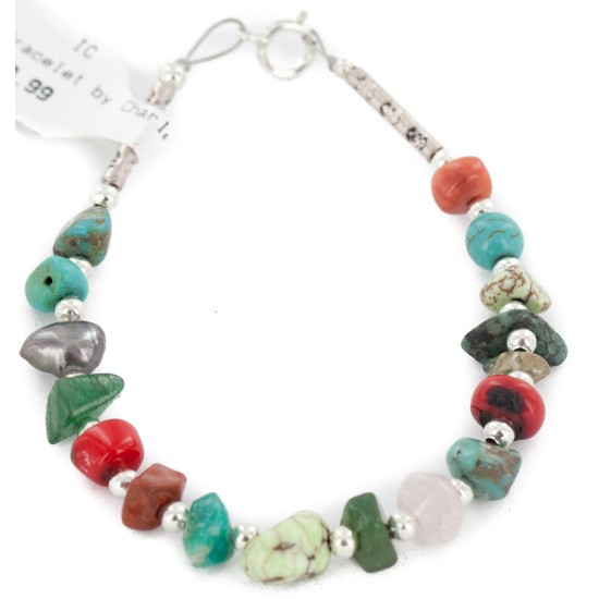 Certified Authentic .925 Sterling Silver Navajo Natural Turquoise and Multicolor Stones Native American Bracelet 12907-3