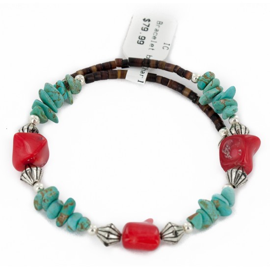 Certified Authentic Navajo Coral Natural Turquoise Heishi Adjustable Wrap Native American Bracelet 12742-75