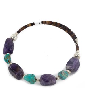 Certified Authentic Navajo Natural Amethyst Turquoise Heishi Adjustable Wrap Native American Bracelet 12742-73