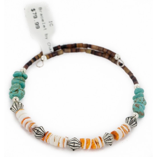 Certified Authentic Navajo Natural Turquoise Graduated Melon Shell Heishi Adjustable Wrap Native American Bracelet 12742-72