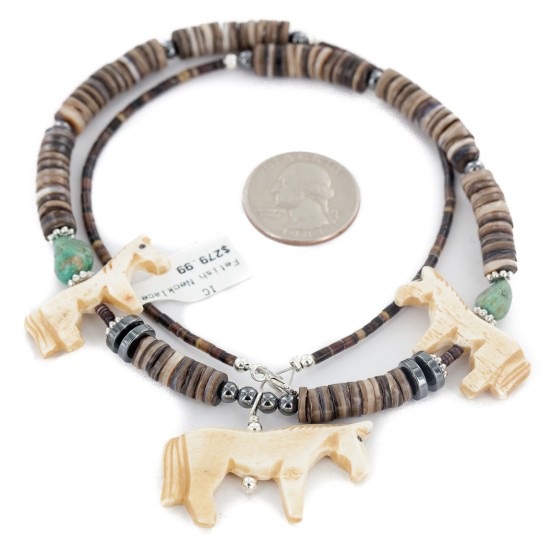Horse Certified Authentic Navajo .925 Sterling Silver Natural Graduated Melon Shell Turquoise Bone Native American Necklace 750188-2