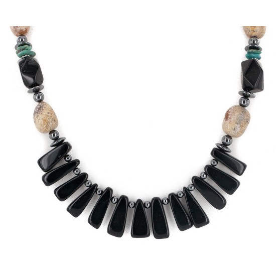 Certified Authentic Navajo .925 Sterling Silver Natural Turquoise Jasper Hematite Black Onyx Native American Necklace 16091-6