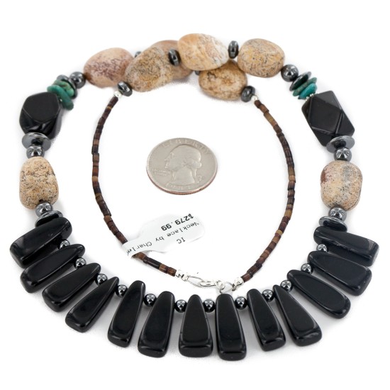 Certified Authentic Navajo .925 Sterling Silver Natural Turquoise Jasper Hematite Black Onyx Native American Necklace 16091-6