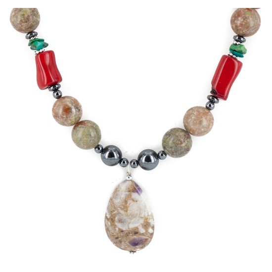 Certified Authentic Navajo .925 Sterling Silver Coral Natural Turquoise Jasper Hematite Native American Necklace 16090-6
