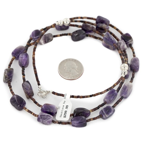 2 Strand Certified Authentic Navajo .925 Sterling Silver Natural Amethyst Native American Necklace 16093
