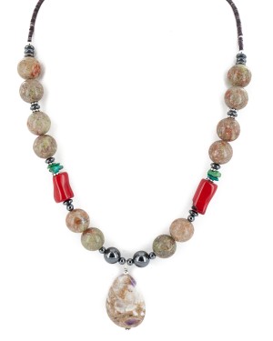 Certified Authentic Navajo .925 Sterling Silver Coral Natural Turquoise Jasper Hematite Native American Necklace 16090-6