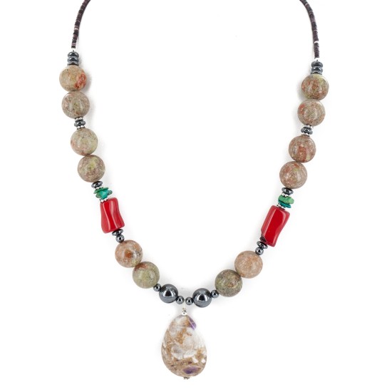 Certified Authentic Navajo .925 Sterling Silver Coral Natural Turquoise Jasper Hematite Native American Necklace 16090-6