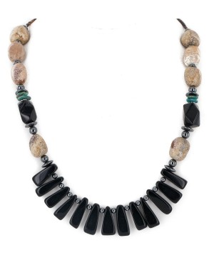 Certified Authentic Navajo .925 Sterling Silver Natural Turquoise Jasper Hematite Black Onyx Native American Necklace 16091-6