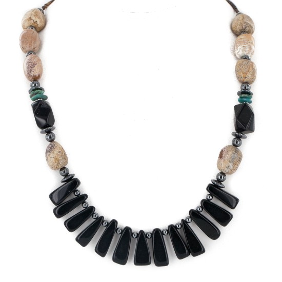 Certified Authentic Navajo .925 Sterling Silver Natural Turquoise Jasper Hematite Black Onyx Native American Necklace 16091-6