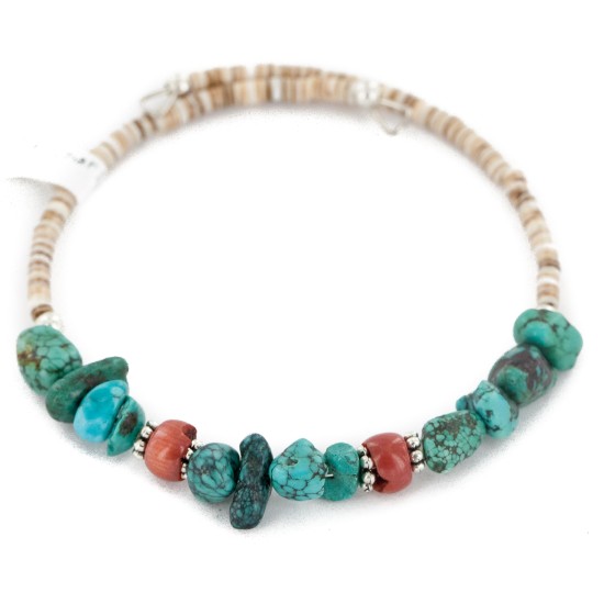 Certified Authentic Navajo Natural Spiderweb Turquoise Heishi Coral Adjustable Wrap Native American Bracelet 12905
