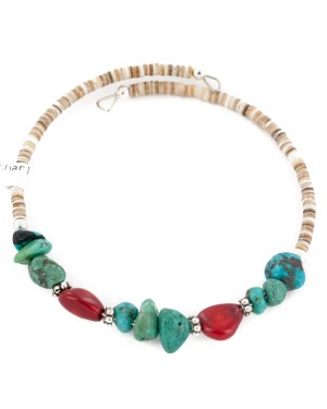 Certified Authentic Navajo Natural Turquoise Coral Heishi Adjustable Wrap Native American Bracelet 12906