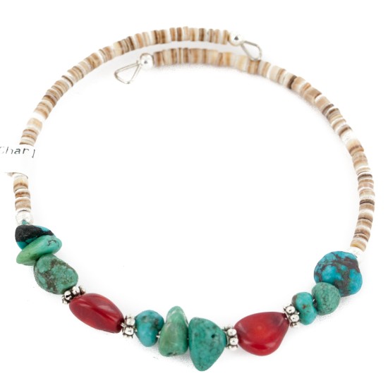 Certified Authentic Navajo Natural Turquoise Coral Heishi Adjustable Wrap Native American Bracelet 12906