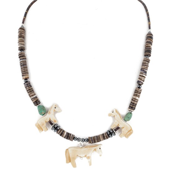 Horse Certified Authentic Navajo .925 Sterling Silver Natural Graduated Melon Shell Turquoise Bone Native American Necklace 750188-2