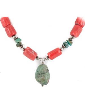 Certified Authentic Navajo .925 Sterling Silver Natural Turquoise Coral Native American Necklace 750100-16