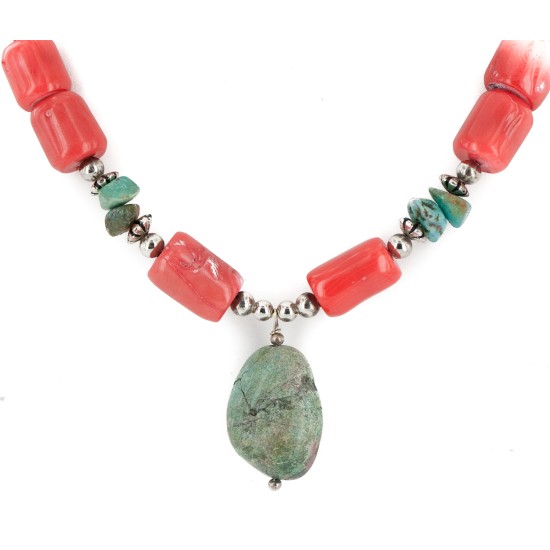 Certified Authentic Navajo .925 Sterling Silver Natural Turquoise Coral Native American Necklace 750100-16