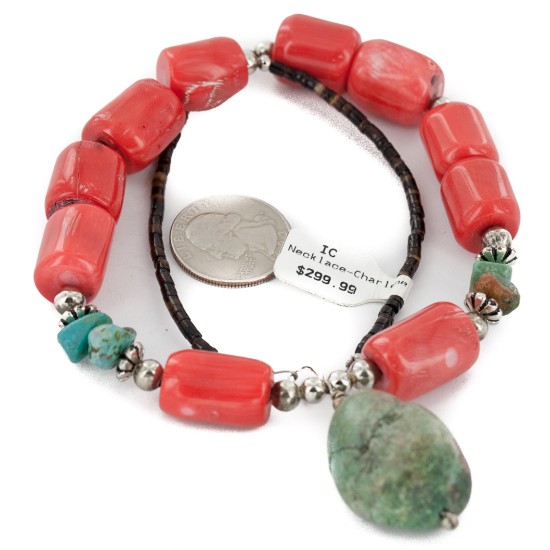 Certified Authentic Navajo .925 Sterling Silver Natural Turquoise Coral Native American Necklace 750100-16