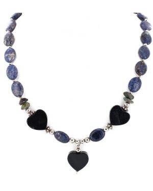 Heart Certified Authentic Navajo .925 Sterling Silver Natural Lapis Black Onyx Turquoise Native American Necklace 15760-11-0