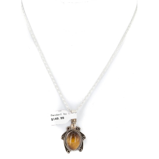 .925 Sterling Silver Handmade Certified Authentic Navajo Natural Tigers Eye Native American Necklace 12674-1