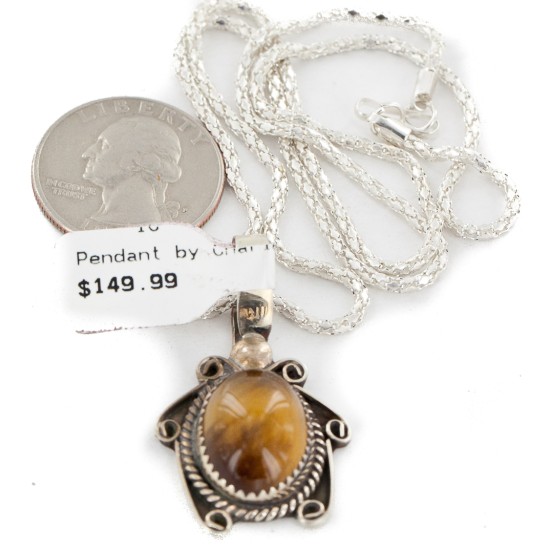 .925 Sterling Silver Handmade Certified Authentic Navajo Natural Tigers Eye Native American Necklace 12674-1