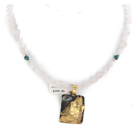 12kt Gold Filled .925 Sterling Silver Wolf Handmade Certified Authentic Navajo Natural Turquoise Pink Quartz Native American Necklace 24324-5-16047-10 12kt Gold Filled .925 Sterling Silver Wolf Handmade Certified Authentic Navajo Natural Turquoise Pink Quartz Native American Necklace 24324-5-16047-10