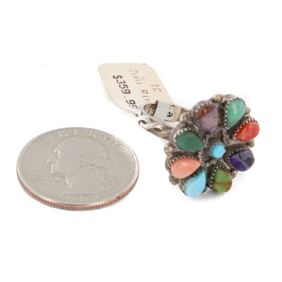 Petit Point Handmade Certified Authentic Zuni .925 Sterling Silver Natural Turquoise and Multicolor Native American Ring  16881