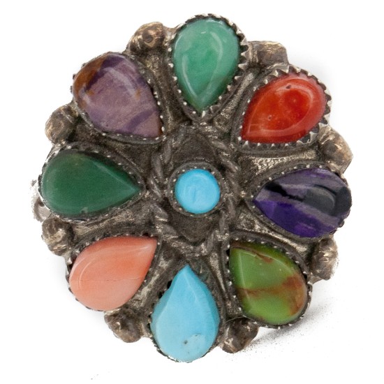 Petit Point Handmade Certified Authentic Zuni .925 Sterling Silver Natural Turquoise and Multicolor Native American Ring  16881