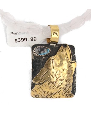 12kt Gold Filled .925 Sterling Silver Wolf Handmade Certified Authentic Navajo Natural Turquoise Pink Quartz Native American Necklace 24324-5-16047-10