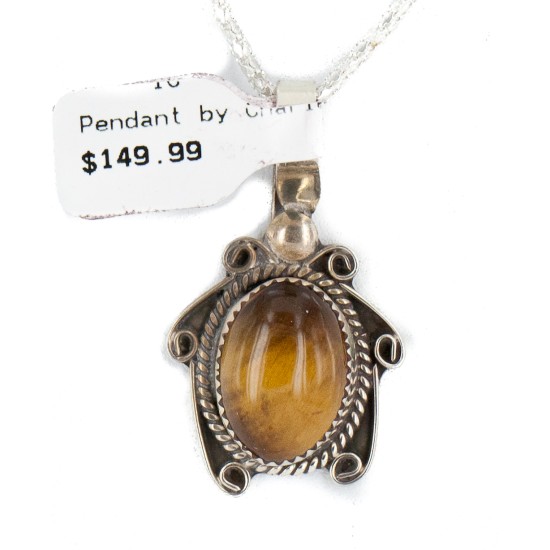 .925 Sterling Silver Handmade Certified Authentic Navajo Natural Tigers Eye Native American Necklace 12674-1