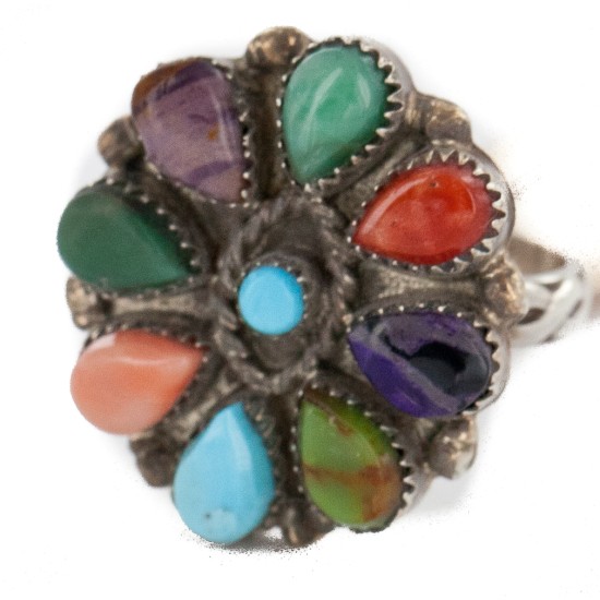 Petit Point Handmade Certified Authentic Zuni .925 Sterling Silver Natural Turquoise and Multicolor Native American Ring  16881