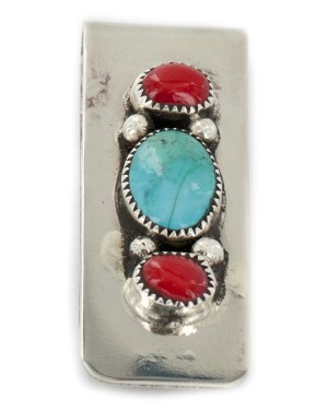 Handmade Certified Authentic Navajo Nickel and .925 Sterling Silver Coral Natural Turquoise Native American Money Clip 11239-1