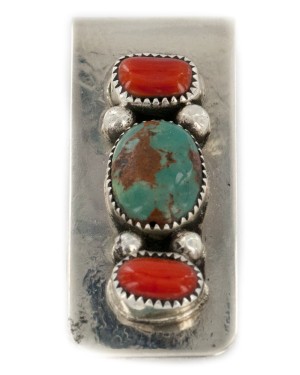 Handmade Certified Authentic Navajo Nickel and .925 Sterling Silver Coral Natural Turquoise Native American Money Clip 11239-2
