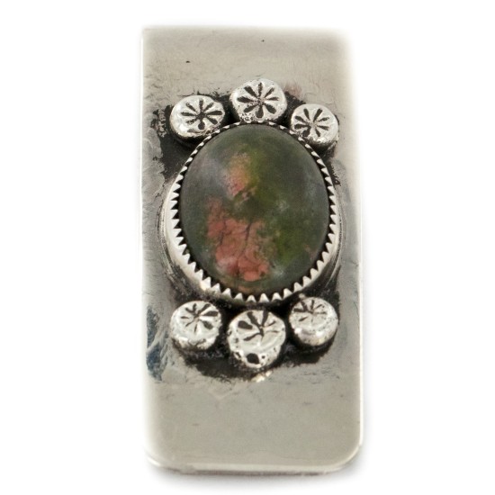 Handmade Certified Authentic Navajo Nickel and .925 Sterling Silver Natural Jasper Native American Money Clip 11250-51