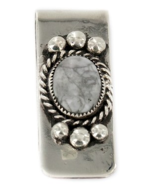 Handmade Certified Authentic Navajo Nickel and .925 Sterling Silver Natural White Buffalo Native American Money Clip 11249-2