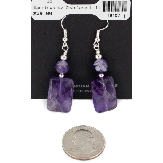 Certified Authentic Navajo .925 Sterling Silver Hooks Natural Amehtyst Dangle Native American Earrings 18107-1