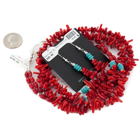 2 Strand Certified Authentic Navajo .925 Sterling Silver Hooks Coral Earrings and Native American Necklace Set 17012-18105-2