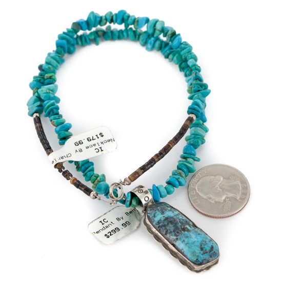.925 Sterling Silver Certified Authentic Navajo Natural Turquoise Native American Necklace 14296-10-1577