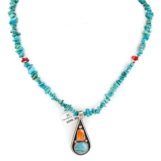 .925 Sterling Silver Certified Authentic Navajo Natural Turquoise Spiny Oyster Coral Native American Necklace  14863-14-15222