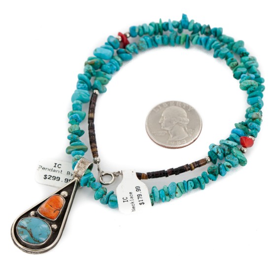 .925 Sterling Silver Certified Authentic Navajo Natural Turquoise Spiny Oyster Coral Native American Necklace  14863-14-15222