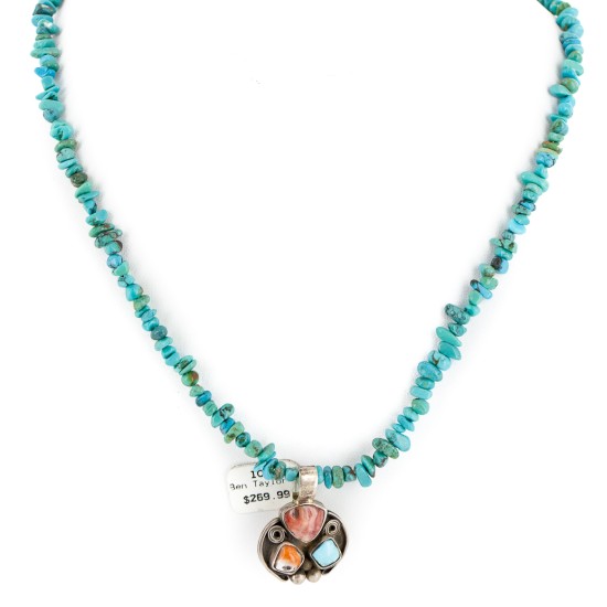 .925 Sterling Silver Certified Authentic Navajo Turquoise Spiny Oyster Native American Necklace  34105-3-14869