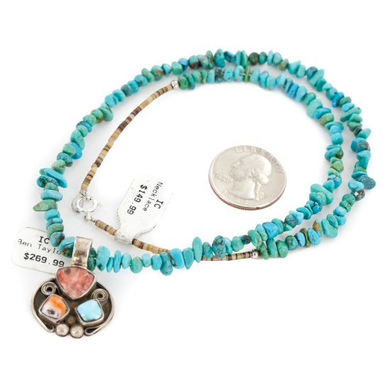 .925 Sterling Silver Certified Authentic Navajo Turquoise Spiny Oyster Native American Necklace  34105-3-14869