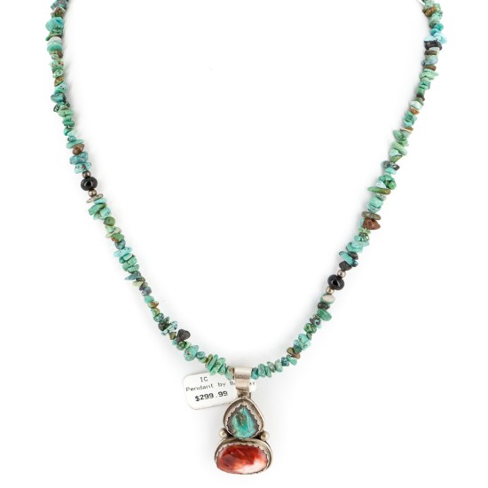 .925 Sterling Silver Certified Authentic Navajo Natural Turquoise Spiny Oyster Black Onyx Native American Necklace  15018-5-15781